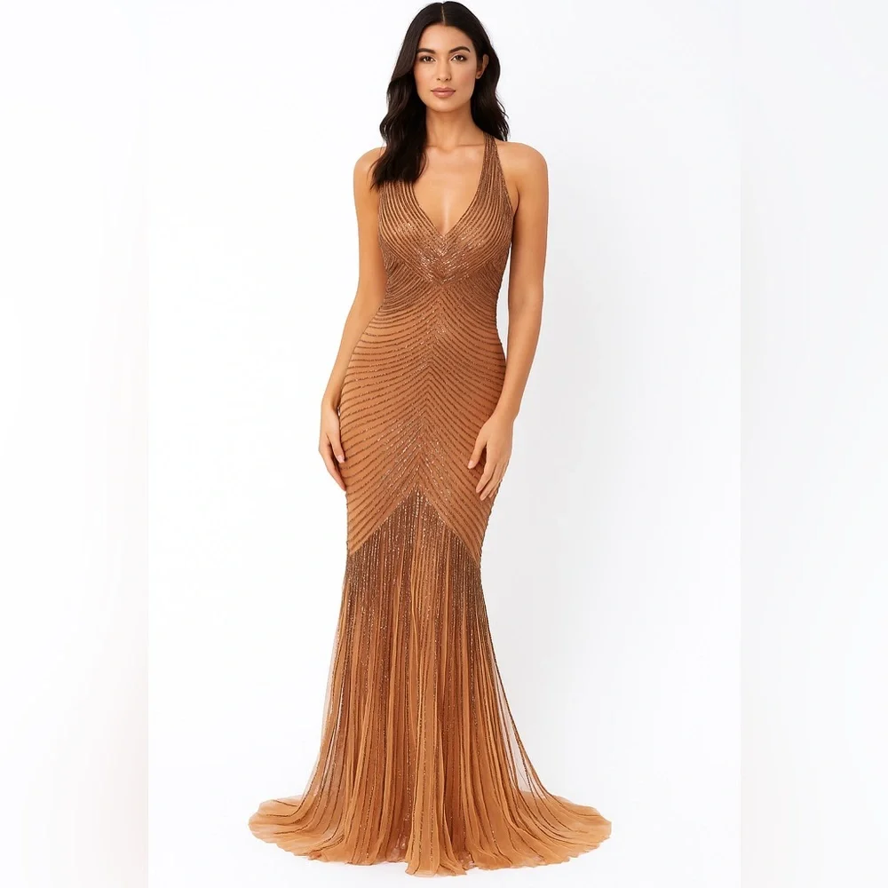 adrianna papell gold beaded dress Gold Sleeveless V Neck 3D Floral Beaded Gown